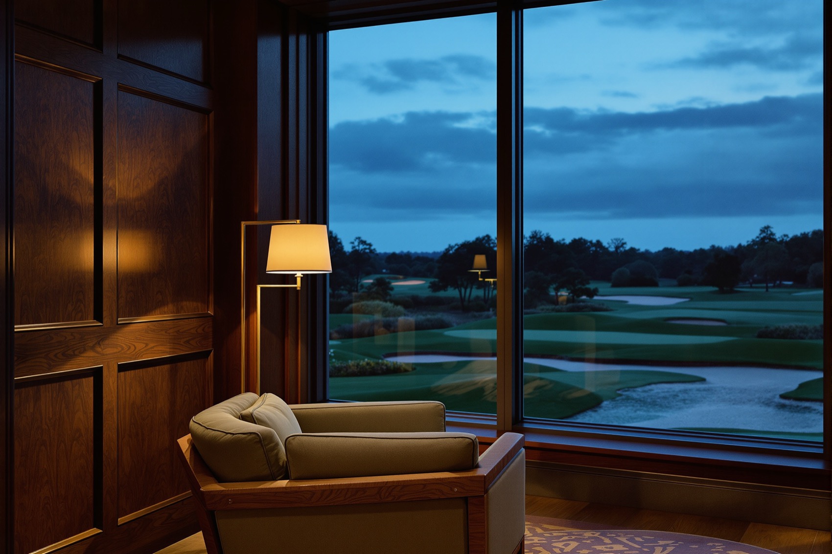 A quiet clubhouse lounge at dusk with oak panelling, linen armchairs and a low brass lamp