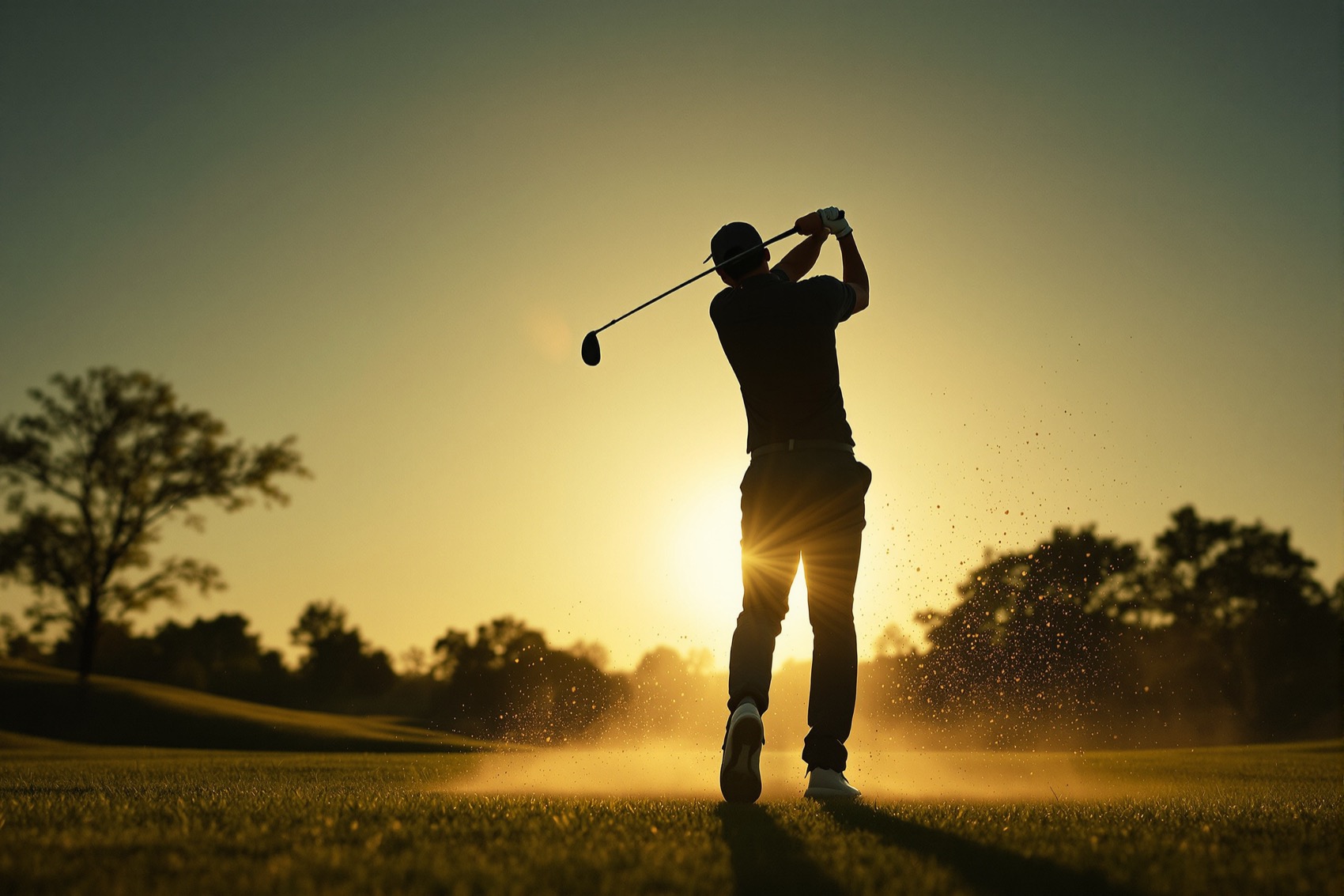 A golfer at the top of the follow through, silhouetted against a low sun on an empty fairway