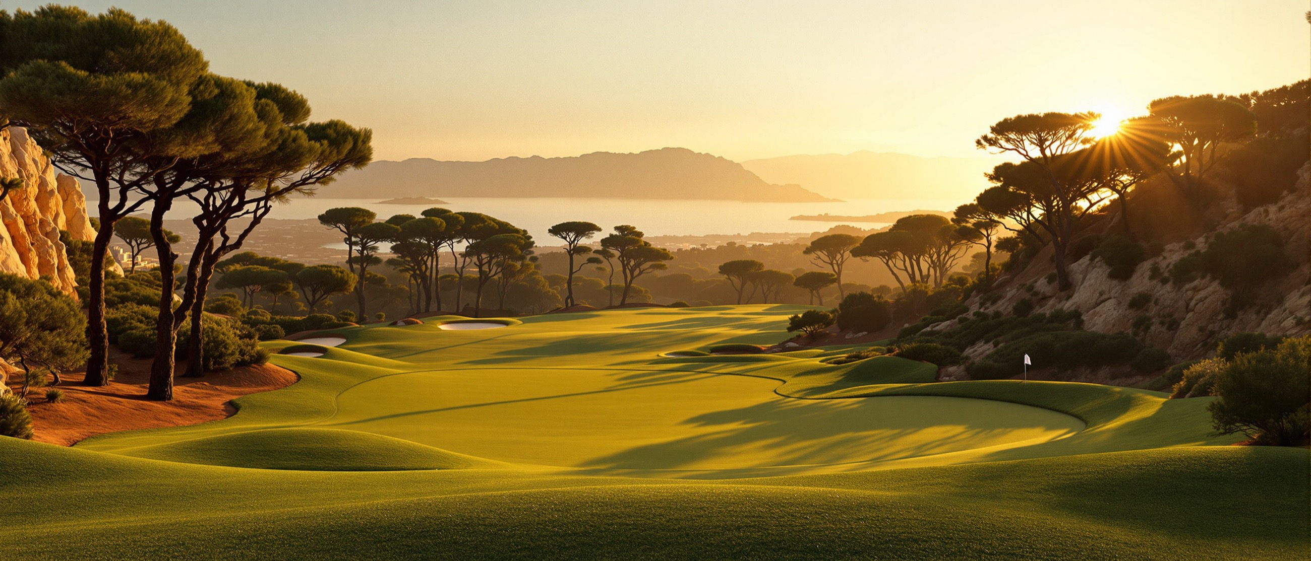 An elevated championship golf hole in the Algarve at sunset, framed by umbrella pines above a hazy coastline