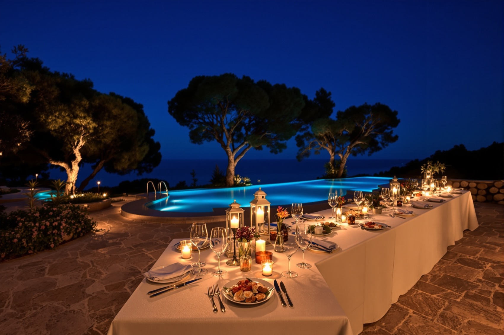 A long dinner table laid on a villa terrace in the Algarve at blue hour, lit by candles and lanterns