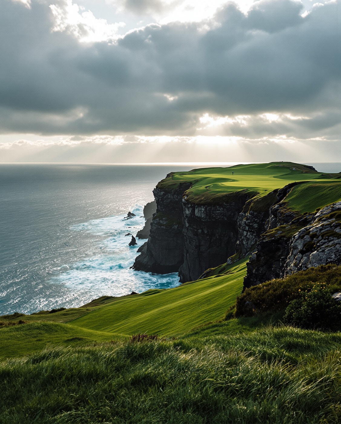 An Irish clifftop golf hole above the Atlantic with breaking surf far below