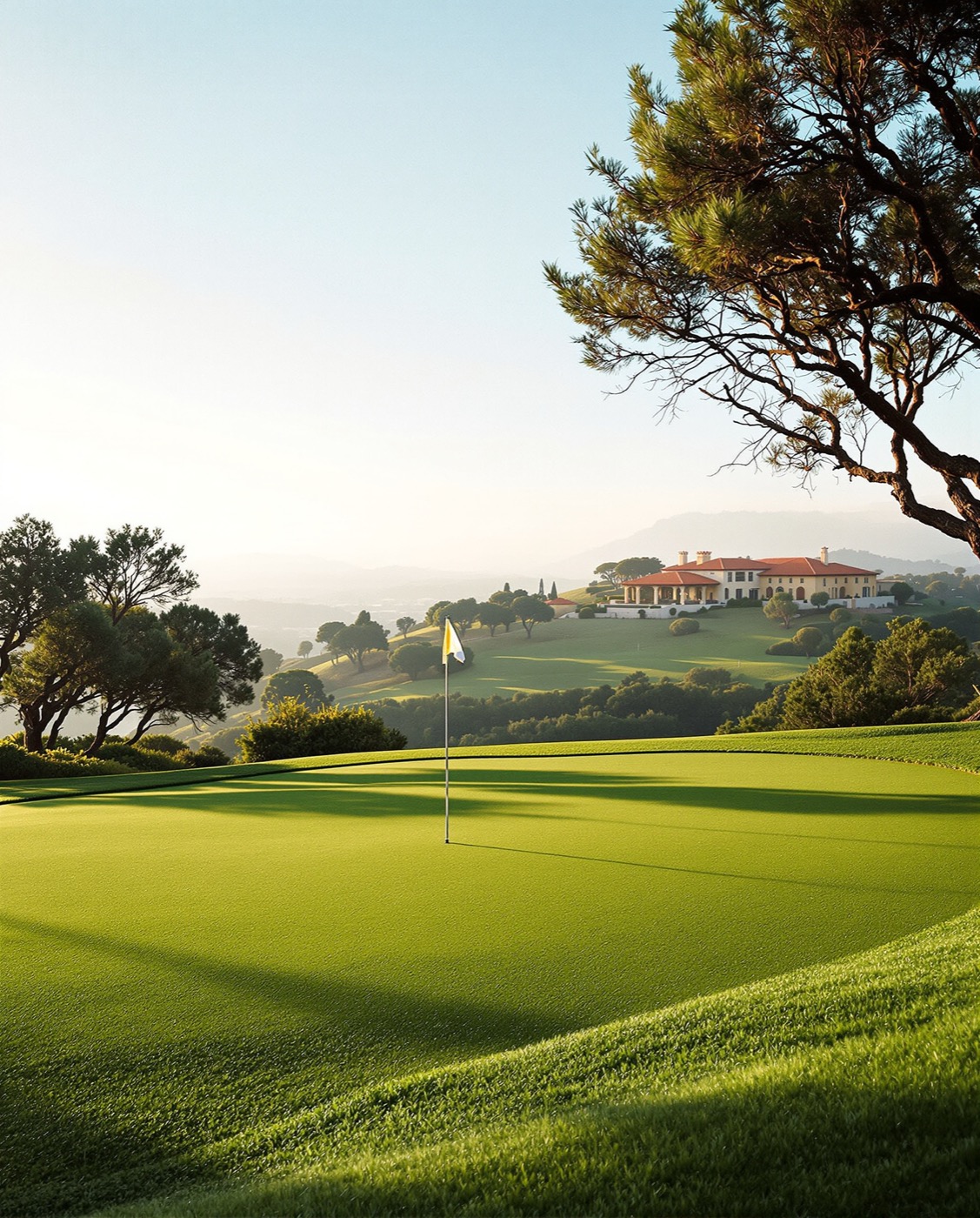 A manicured green on a hillside in southern Portugal at first light, with a single flagstick and a misty valley beyond