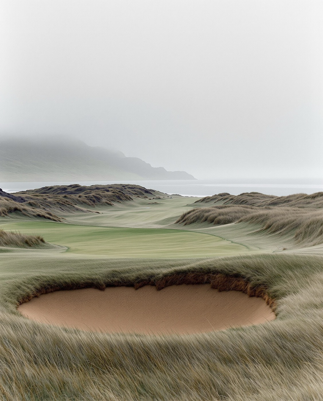 A Scottish links fairway running between marram grass dunes towards the sea on a silver morning